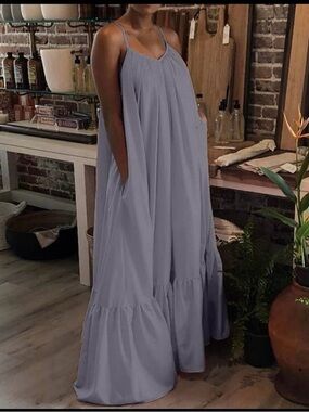 New Women XL Gray Spaghetti Strap Oversized Maxi Dress Flowy Swing